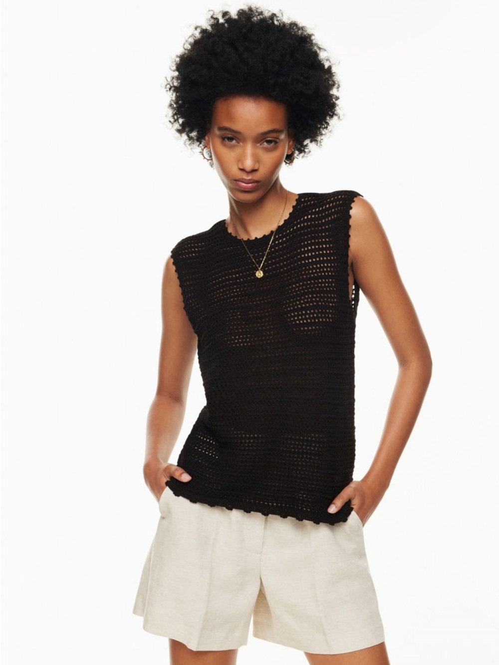 ARITZIA WILFRED BLACK CROCHET KNIT TANK PEEK TOP SIZE XL